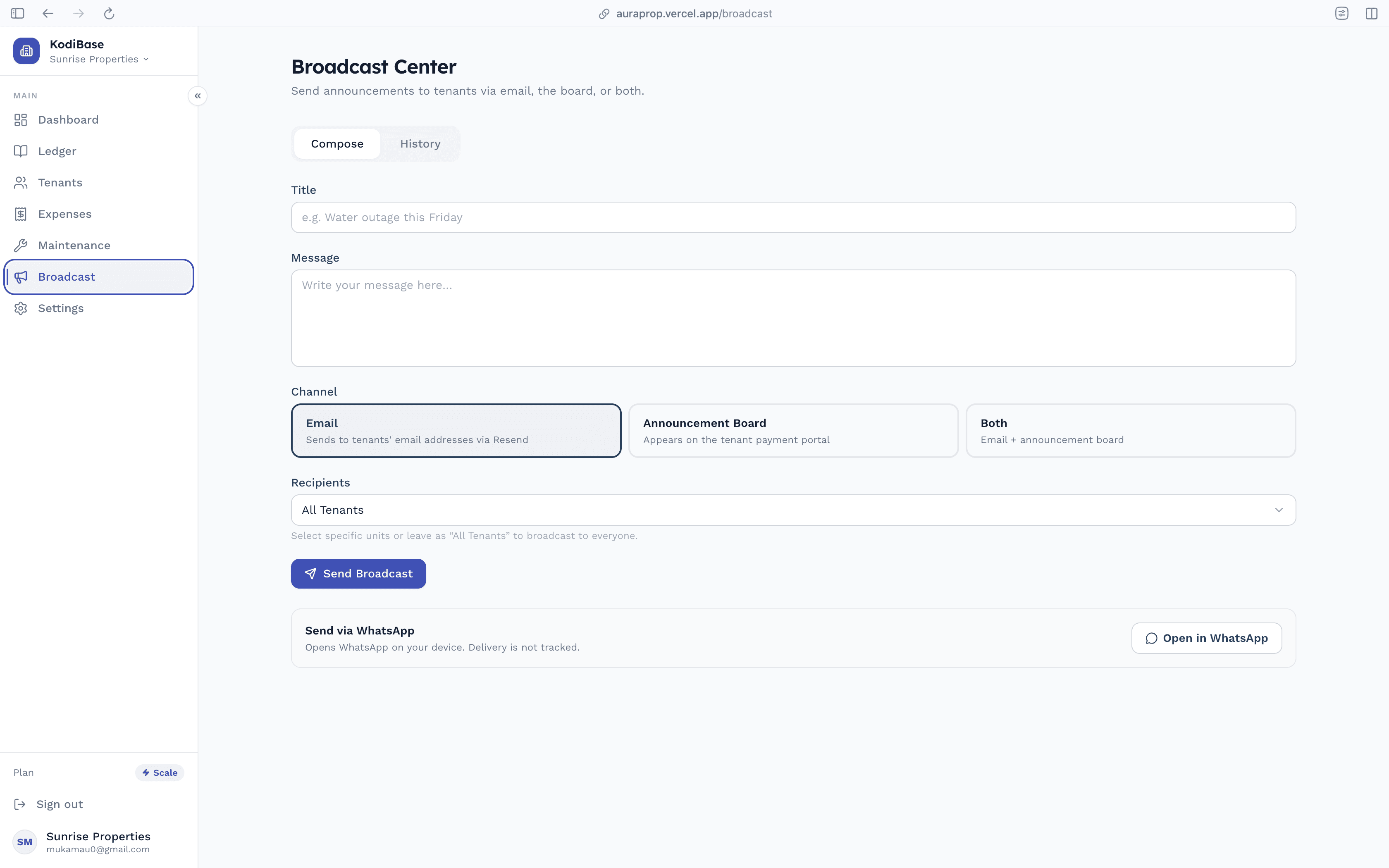 Broadcast Center compose form with email and announcement board channels