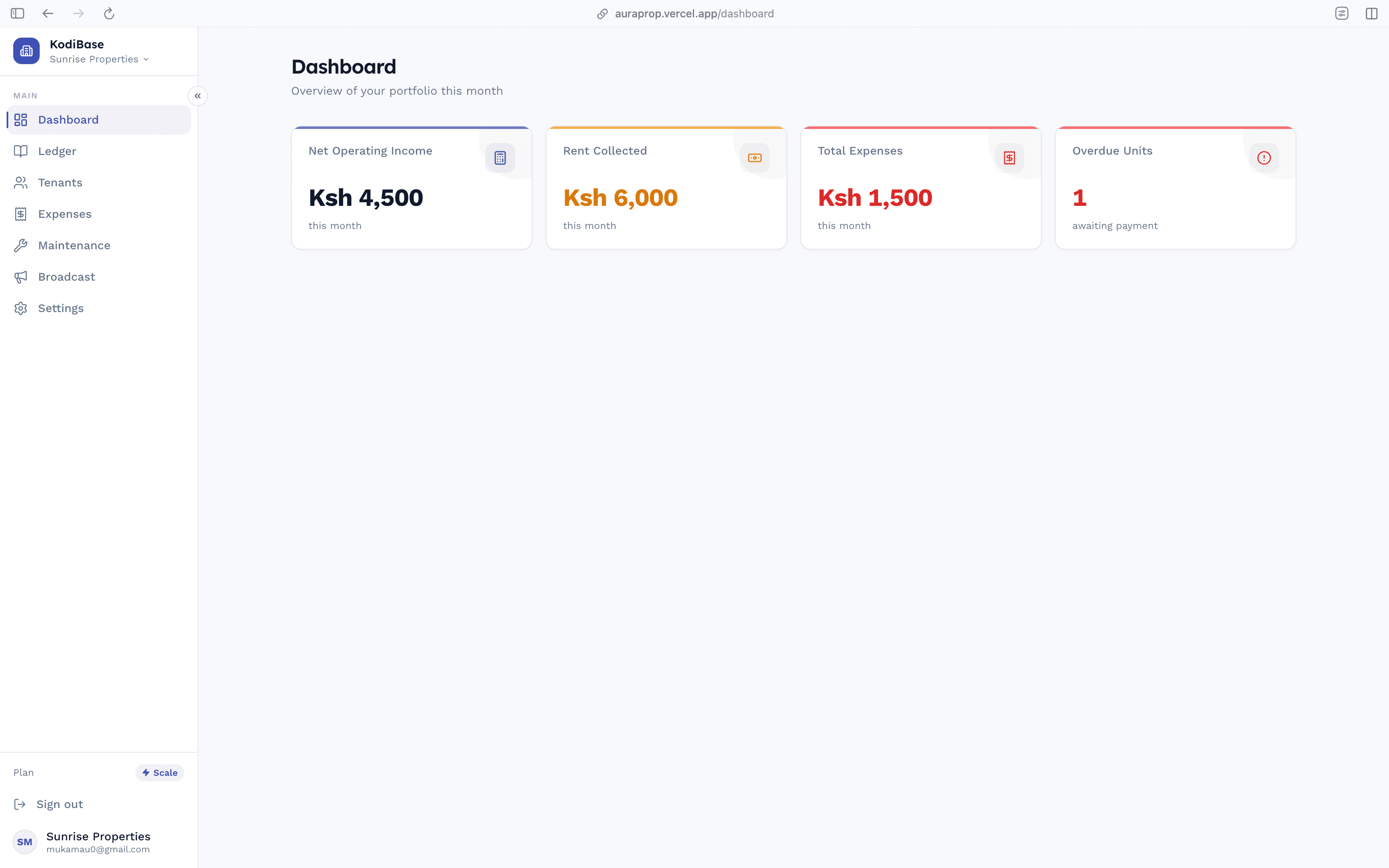 Dashboard showing Net Operating Income, Rent Collected, Expenses and Overdue Units