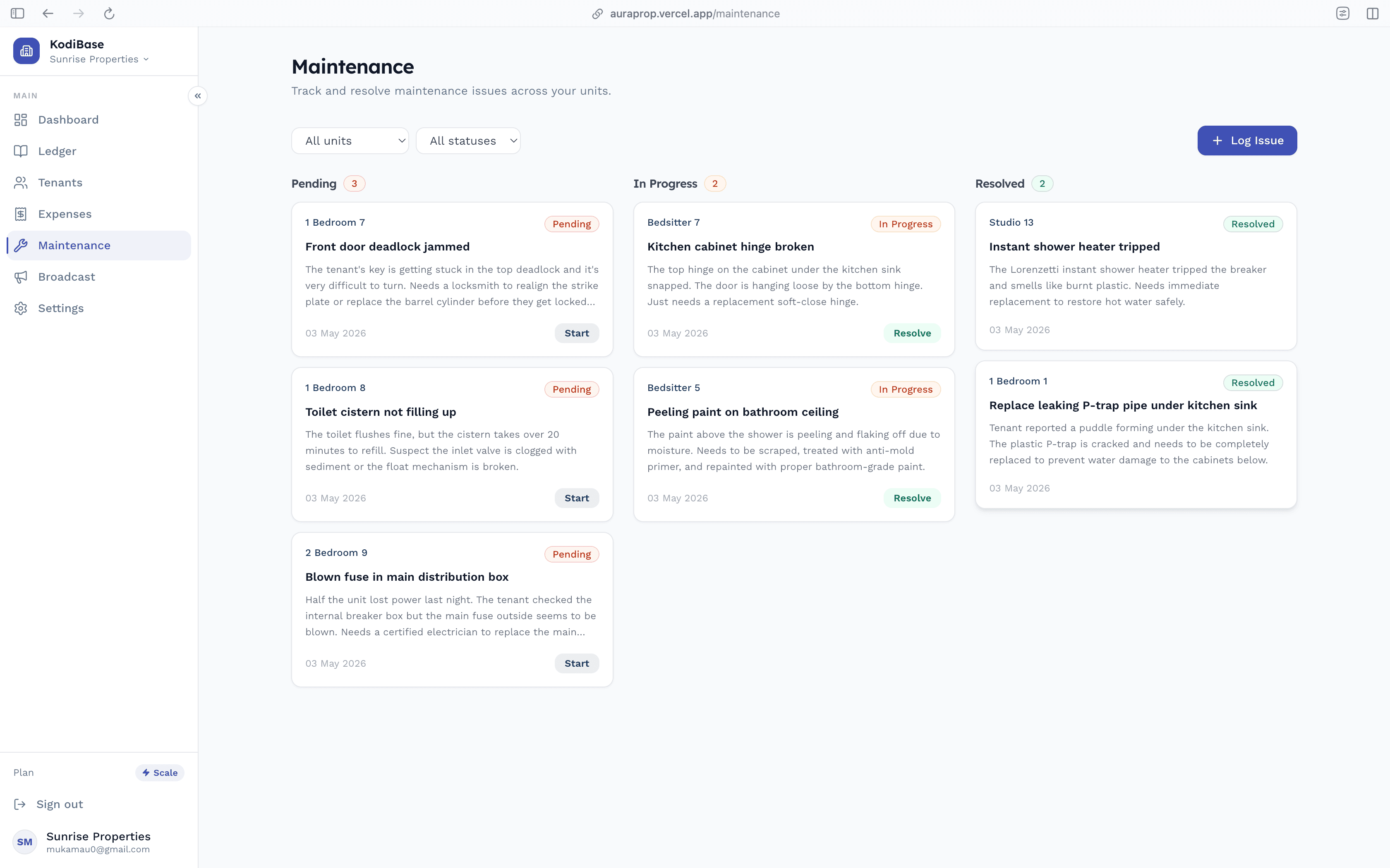 Maintenance kanban board with Pending, In Progress and Resolved columns