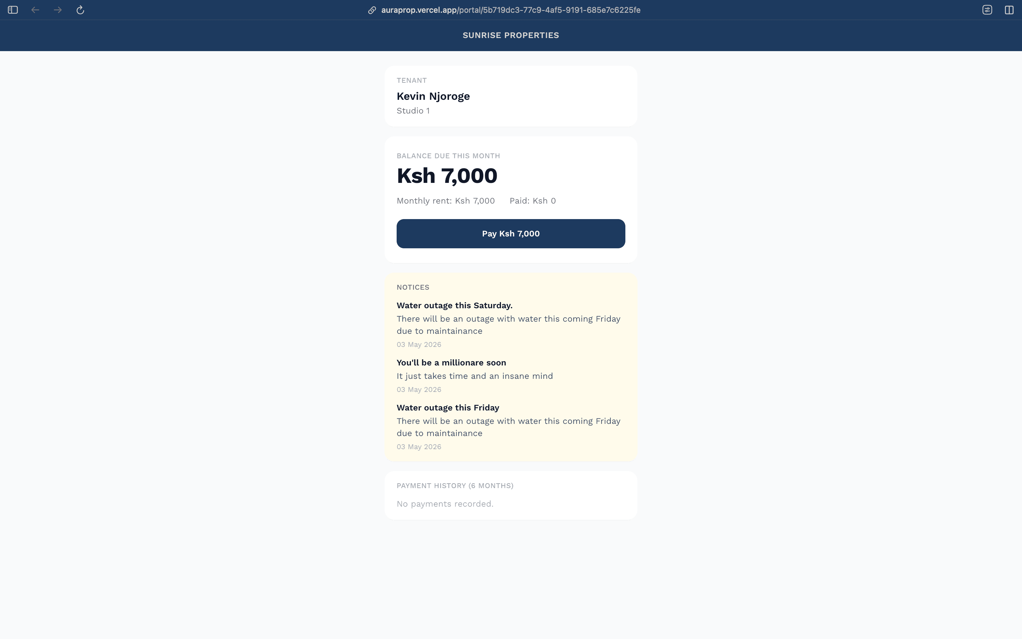 Tenant payment portal showing the Pay button and balance due